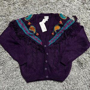 Vintage Retro Western Fringe Knit Cardigan Size L